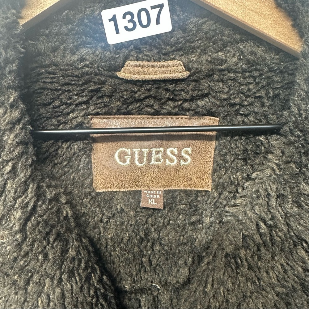 GUESS Genuine Leather Shearling Jacket Brown Sherpa Lined Coat Men’s XL - Picture 2 of 7